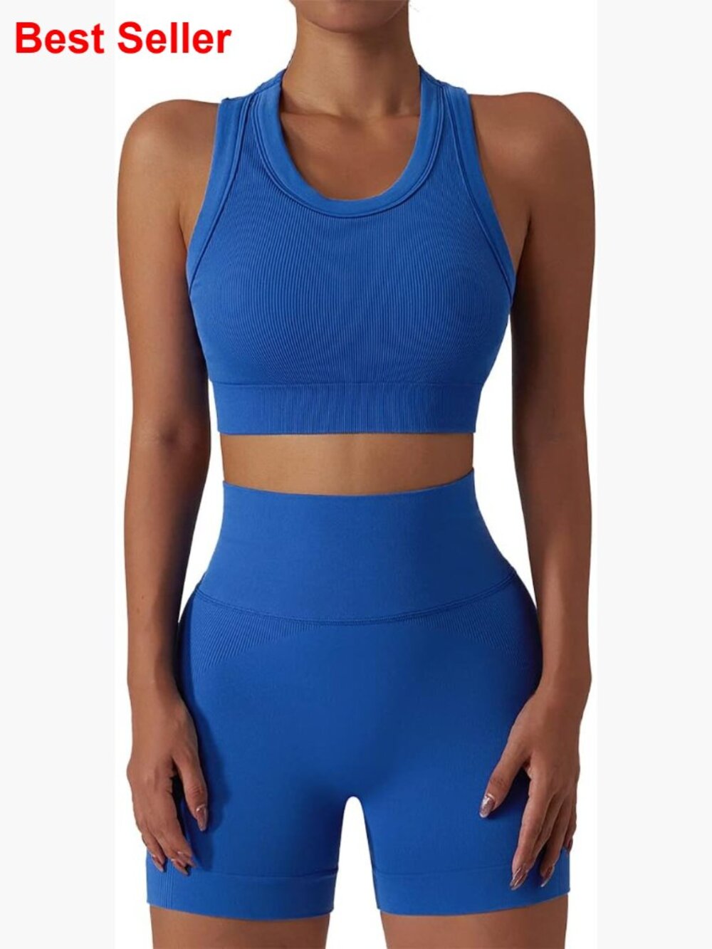 Seamless Ribbed Workout Set With Built-In Bra And Tummy Control Shorts